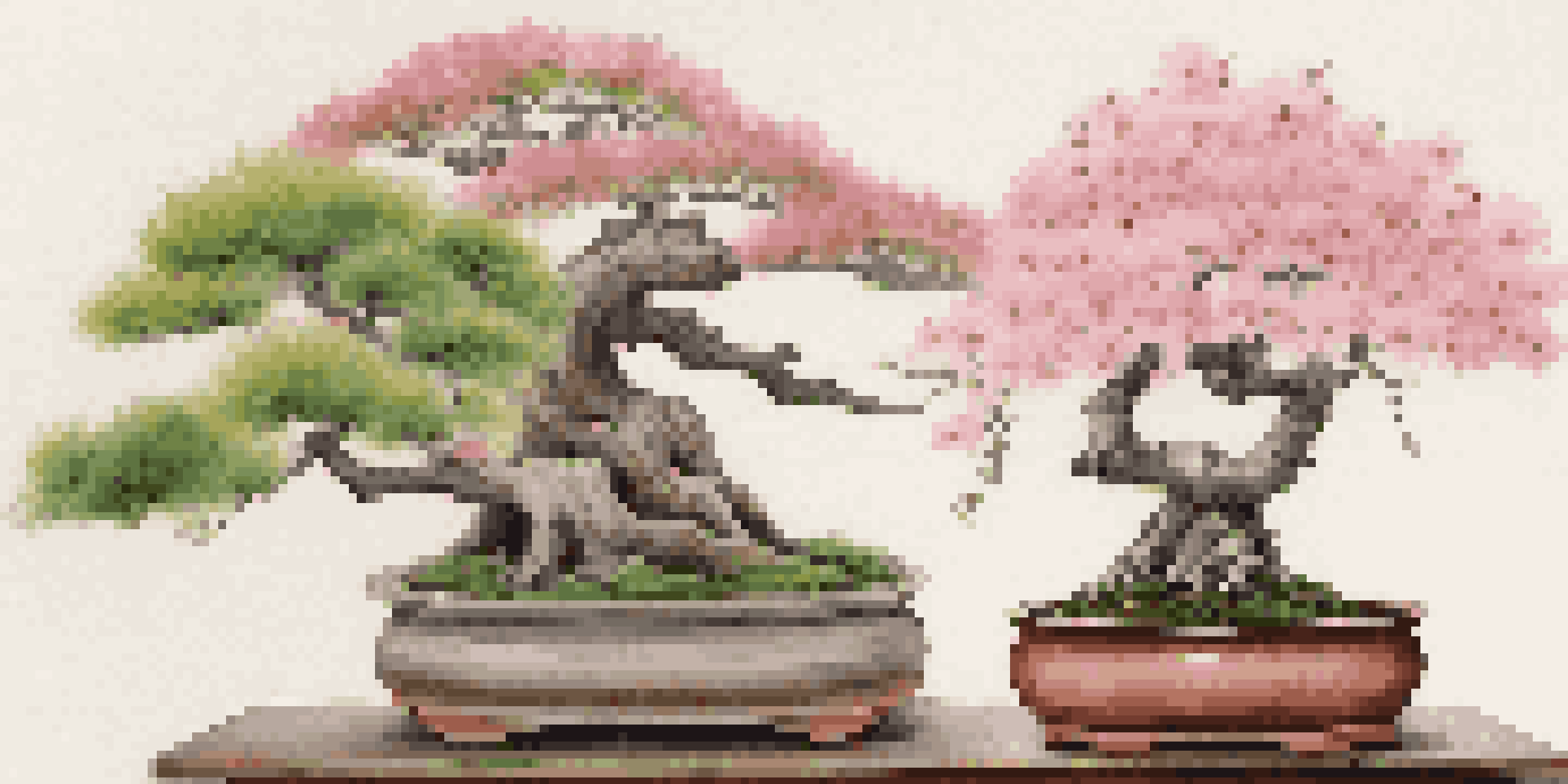 A collection of bonsai trees in various styles, including a cascading bonsai, a formal upright maple, and a flowering cherry with pink blooms, set against a softly lit background.