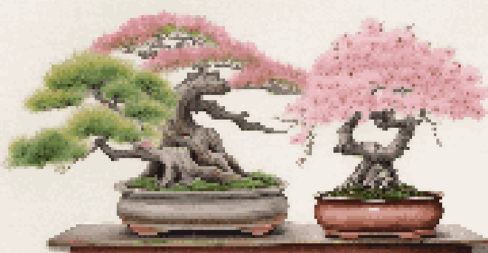 A collection of bonsai trees in various styles, including a cascading bonsai, a formal upright maple, and a flowering cherry with pink blooms, set against a softly lit background.