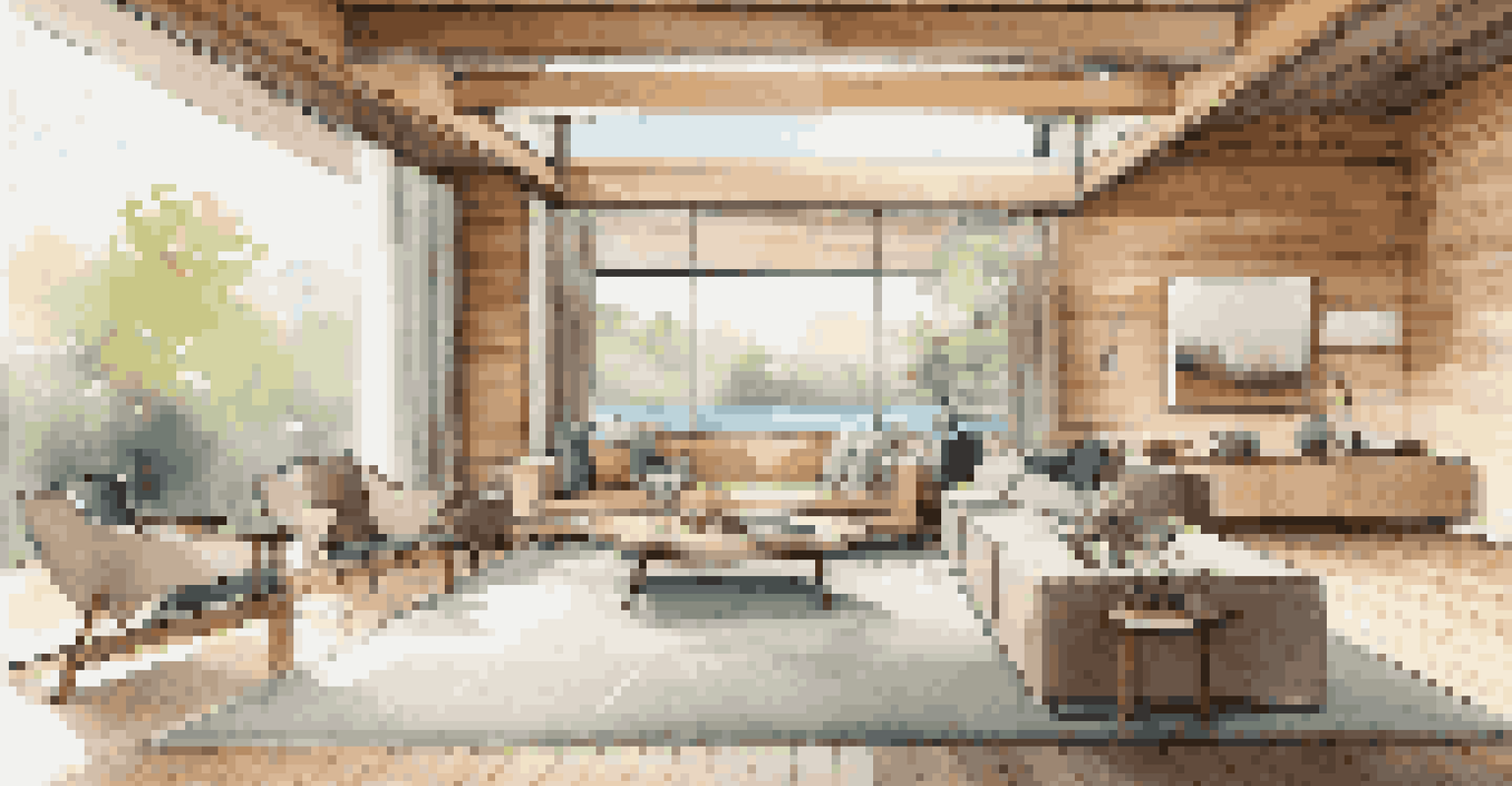 A modern living room featuring engineered wood beams and panels, illuminated by natural light, with contemporary furniture and decor.