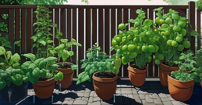 A small space garden featuring tall tomato plants and compact basil in pots, with climbing cucumbers on trellises, under warm sunlight.