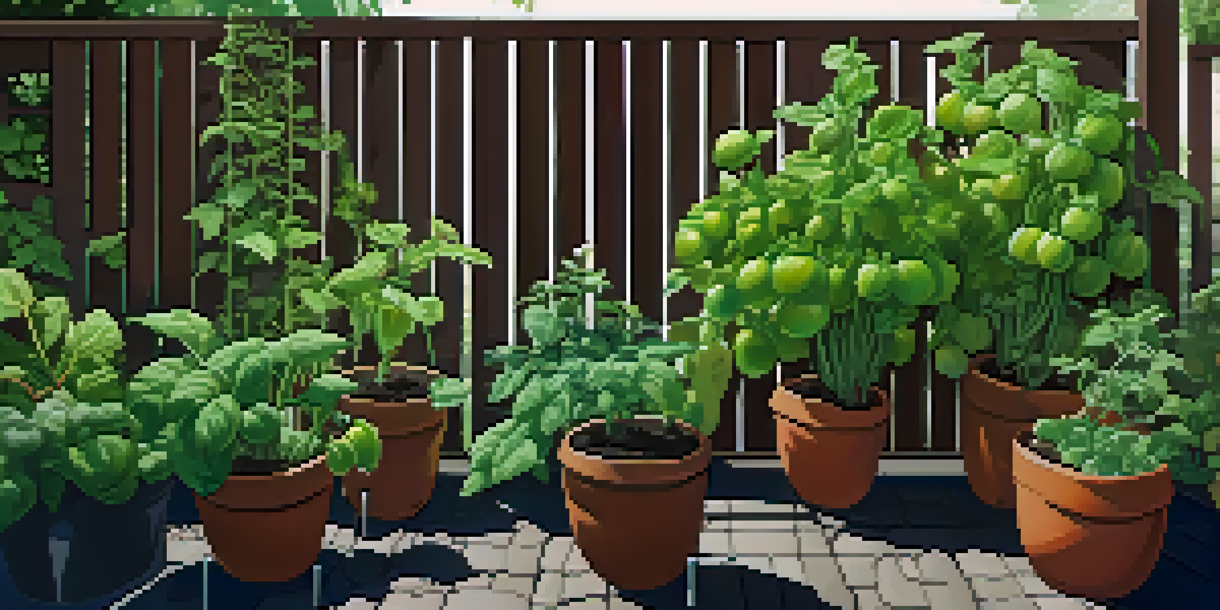 A small space garden featuring tall tomato plants and compact basil in pots, with climbing cucumbers on trellises, under warm sunlight.
