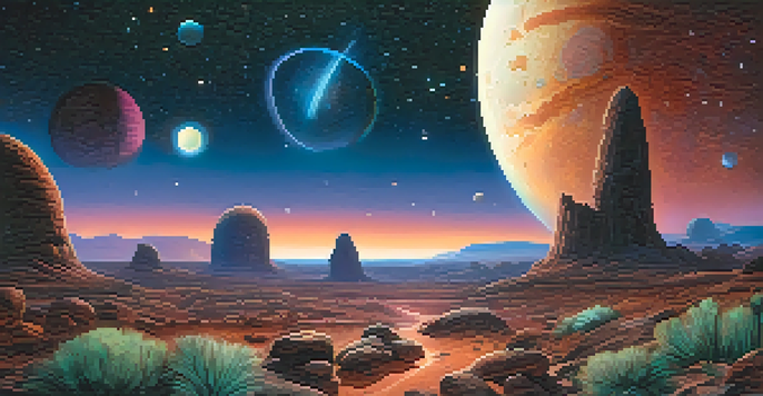 An alien landscape with vibrant plants and unique rocks under a starry sky and two glowing moons.