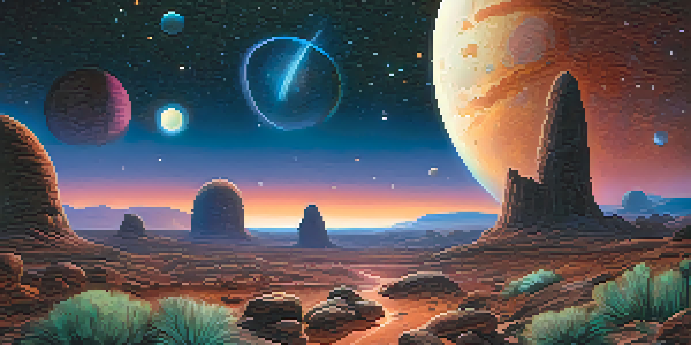An alien landscape with vibrant plants and unique rocks under a starry sky and two glowing moons.