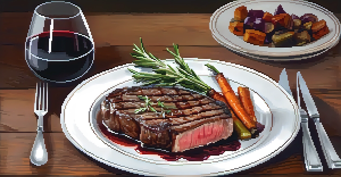 A gourmet plate with a seared ribeye steak, garnished with rosemary, and accompanied by roasted vegetables and mashed potatoes, captured in warm lighting.