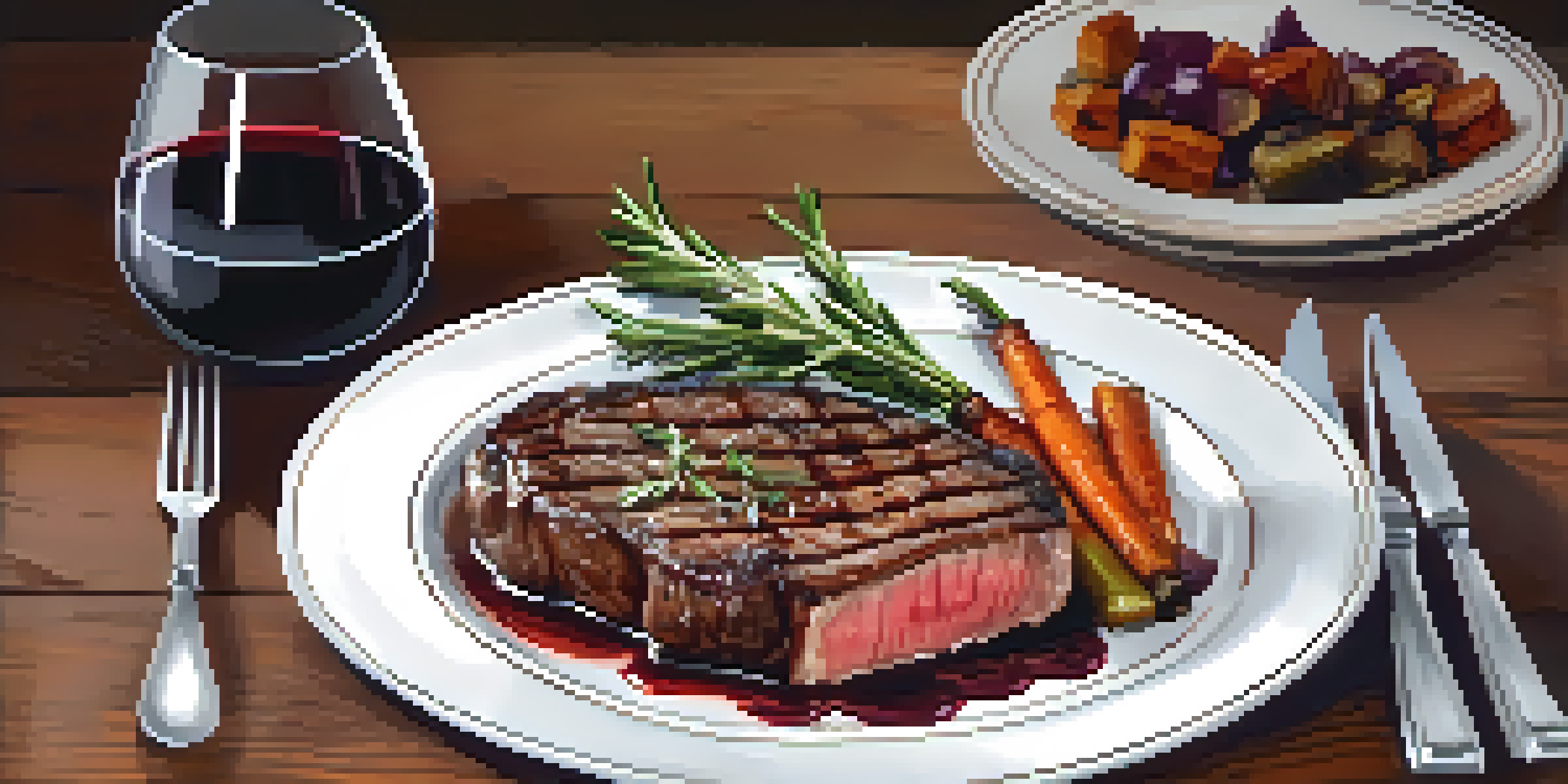 A gourmet plate with a seared ribeye steak, garnished with rosemary, and accompanied by roasted vegetables and mashed potatoes, captured in warm lighting.