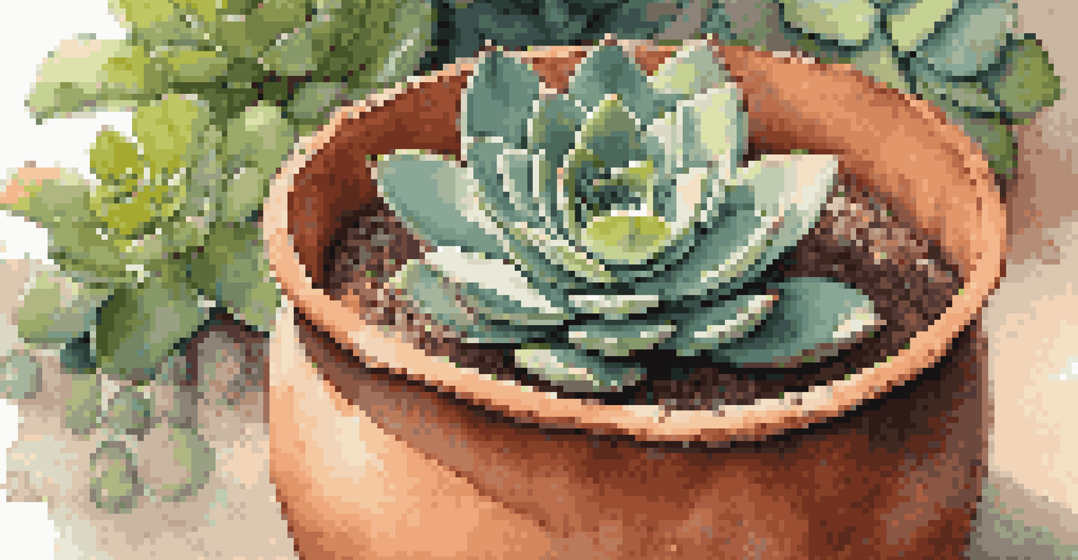 Close-up of a terracotta pot with a succulent plant, showing texture and water droplets on the leaves.