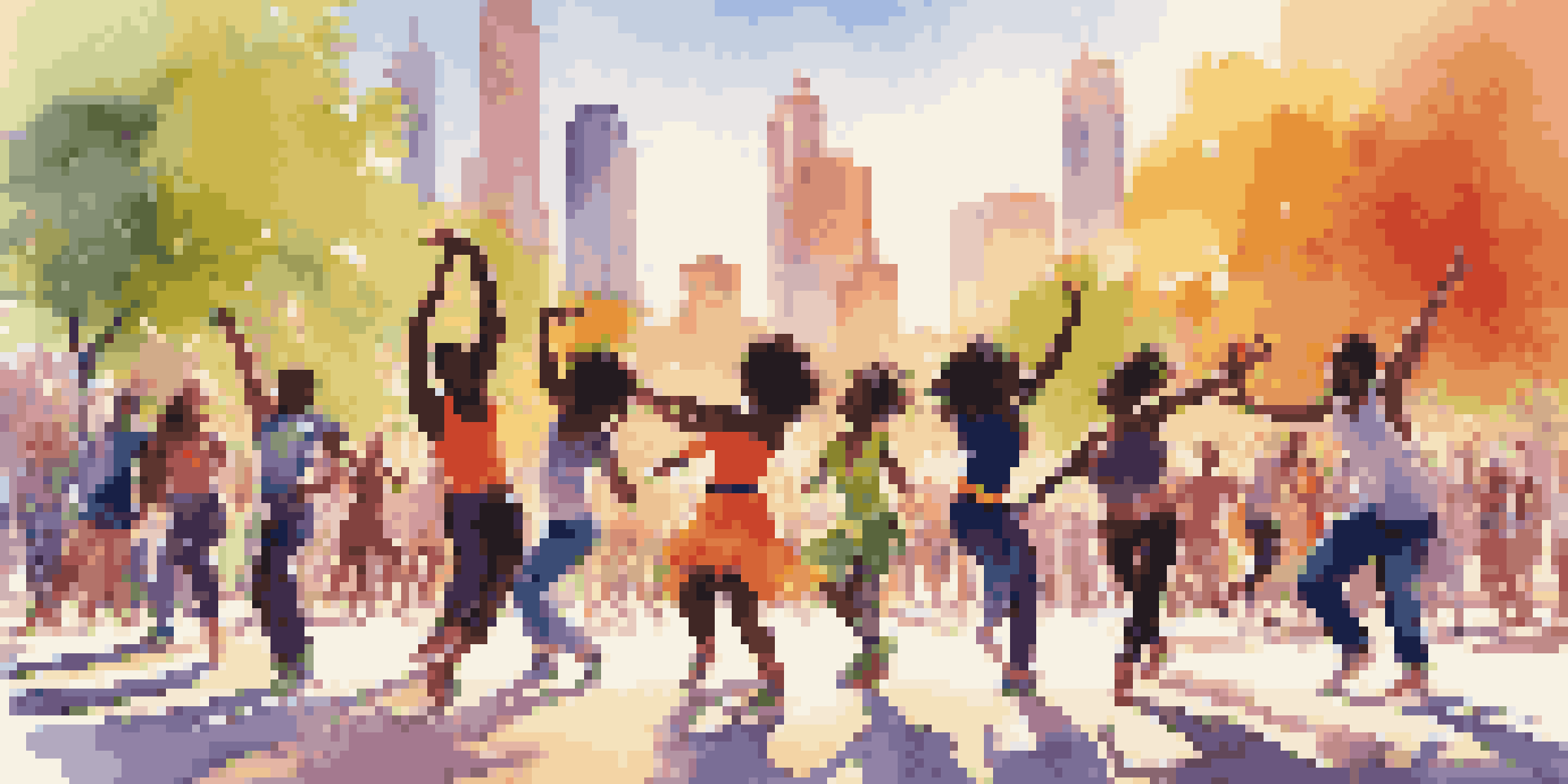 A lively group of diverse dancers in colorful outfits performing in a sunny urban park with a city skyline in the background.
