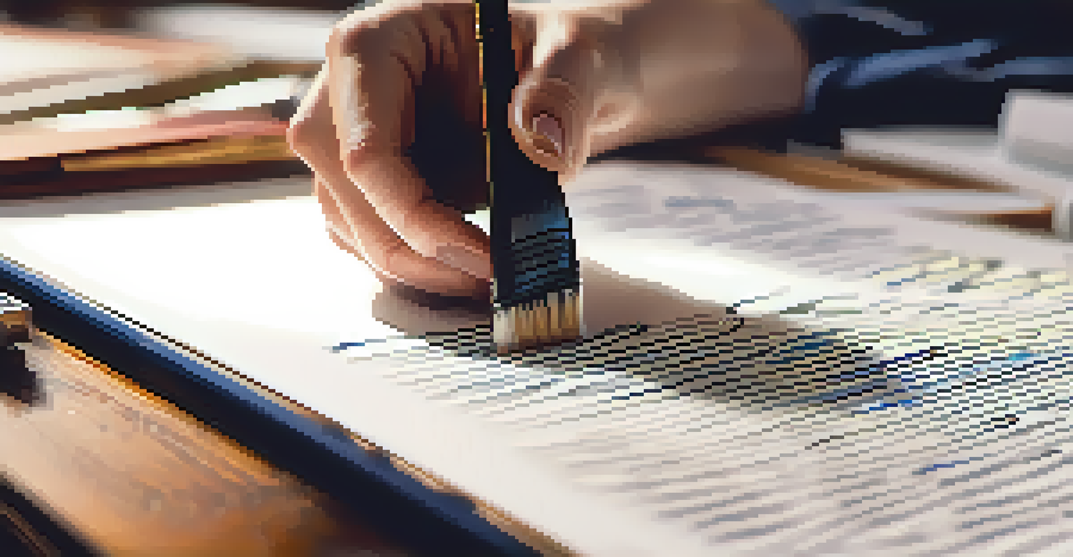 A close-up of a hand using a brush pen to write on textured paper, with colorful ink and blurred calligraphy books in the background.