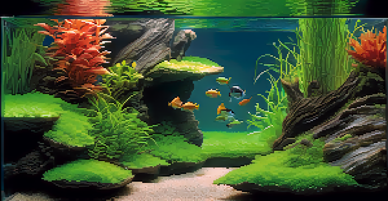 A close-up of a healthy aquascape showing vibrant aquatic plants and small fish swimming.