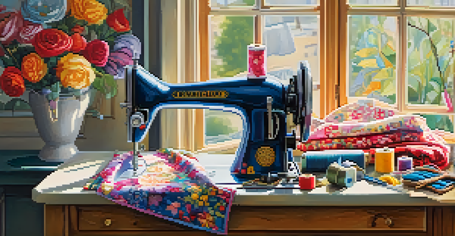 A close-up of a sewing machine working on floral fabric, surrounded by colorful materials and sewing tools, in a bright sewing space.