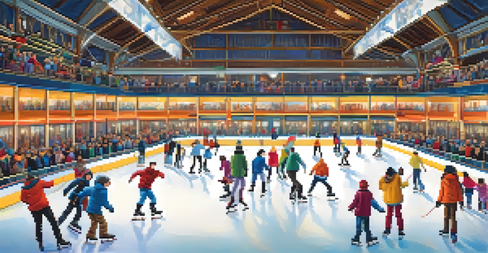 An indoor ice skating rink with diverse skaters enjoying their time; beginners on the edges and experienced skaters in the center, bright lights reflecting off the ice.