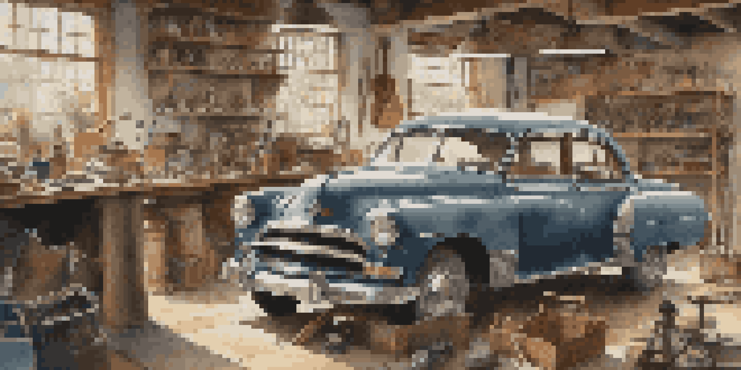 A vintage car being restored in a workshop with tools and parts around it.