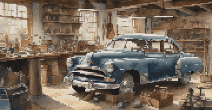 A vintage car being restored in a workshop with tools and parts around it.