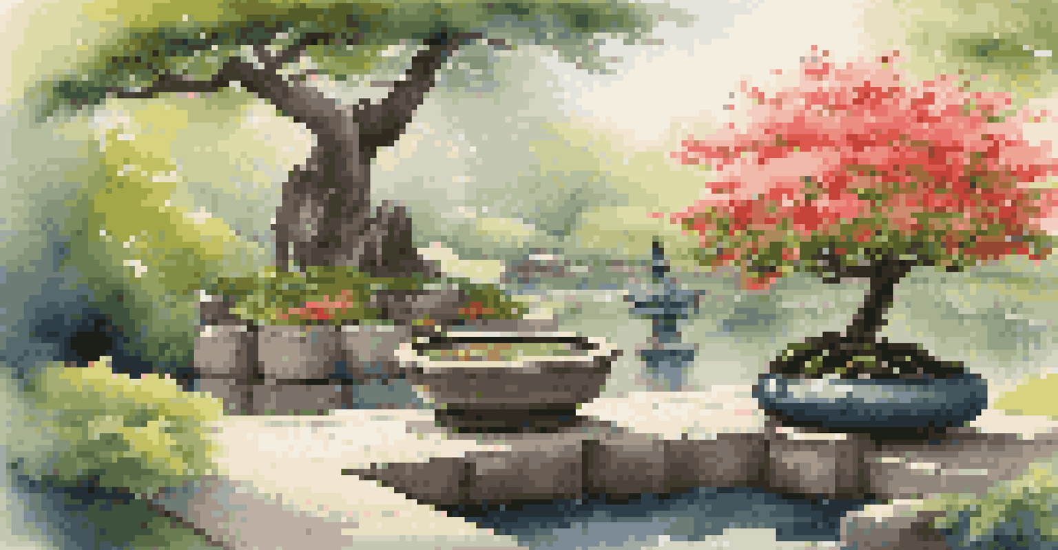 A bonsai tree in a traditional Japanese garden, surrounded by flowers and a koi pond, bathed in soft sunlight.