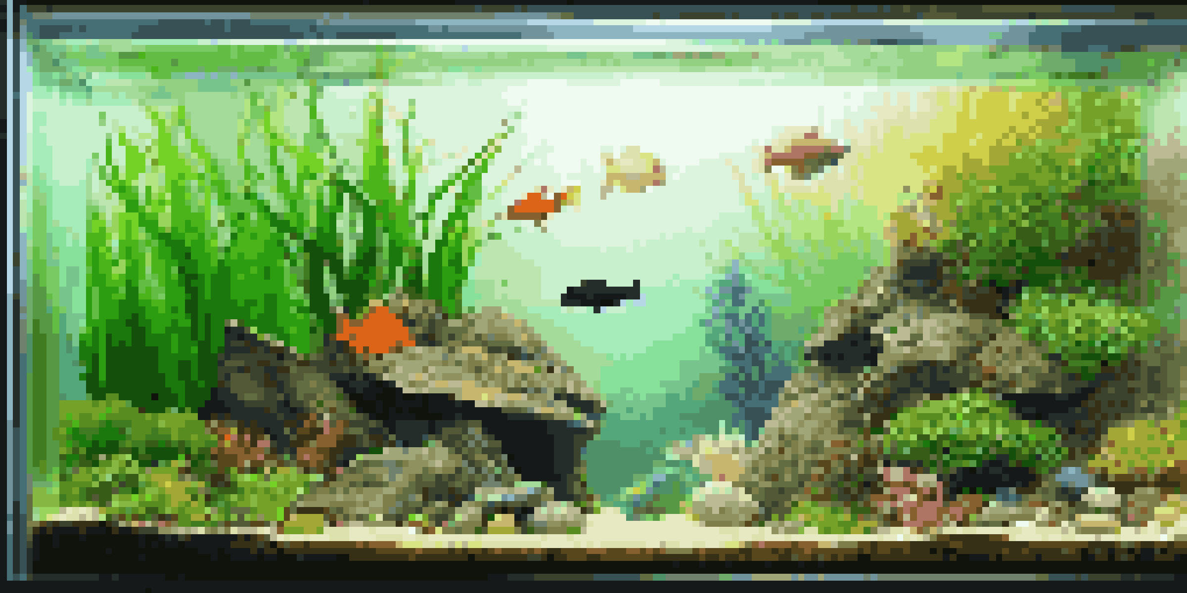 A vibrant biotope aquarium with green plants, river stones, and colorful fish under soft, natural lighting.