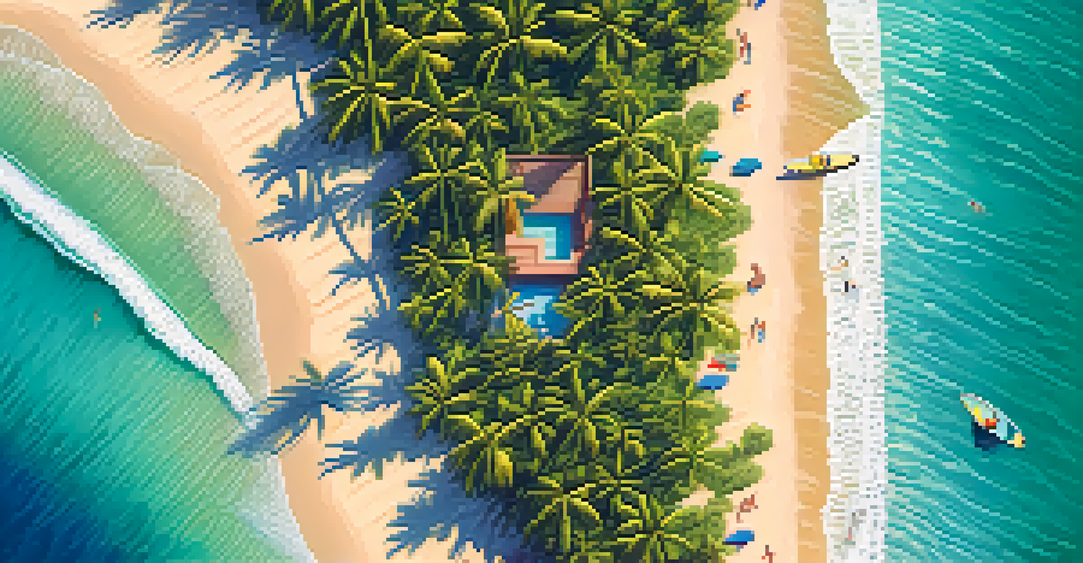 Aerial view of a tropical Bali beach with turquoise waters, palm trees, and surfers enjoying the waves.