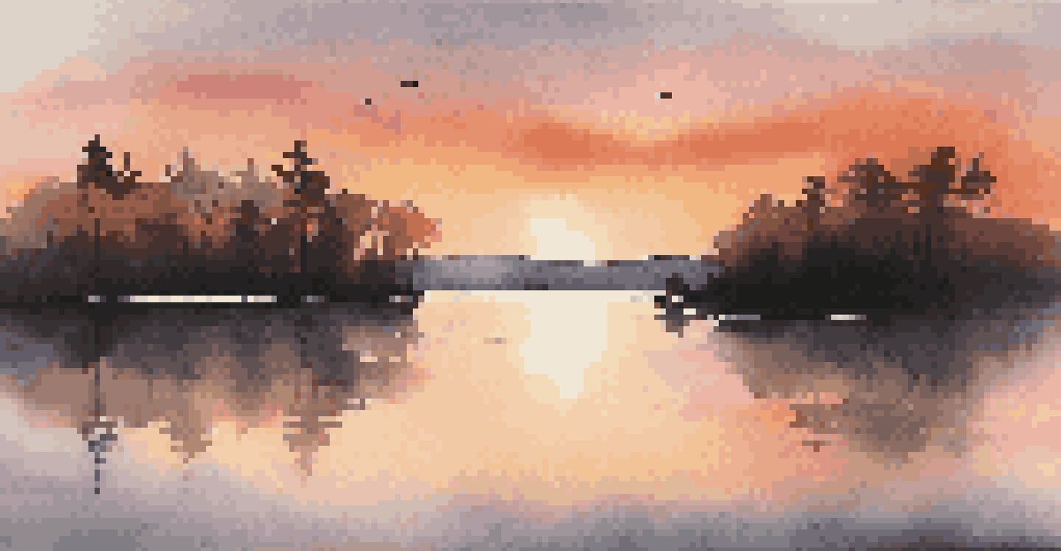 A beautiful sunset over a tranquil lake with colorful reflections.