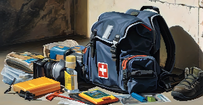 An organized backpack with safety gear in front of an abandoned building, illuminated by sunlight.