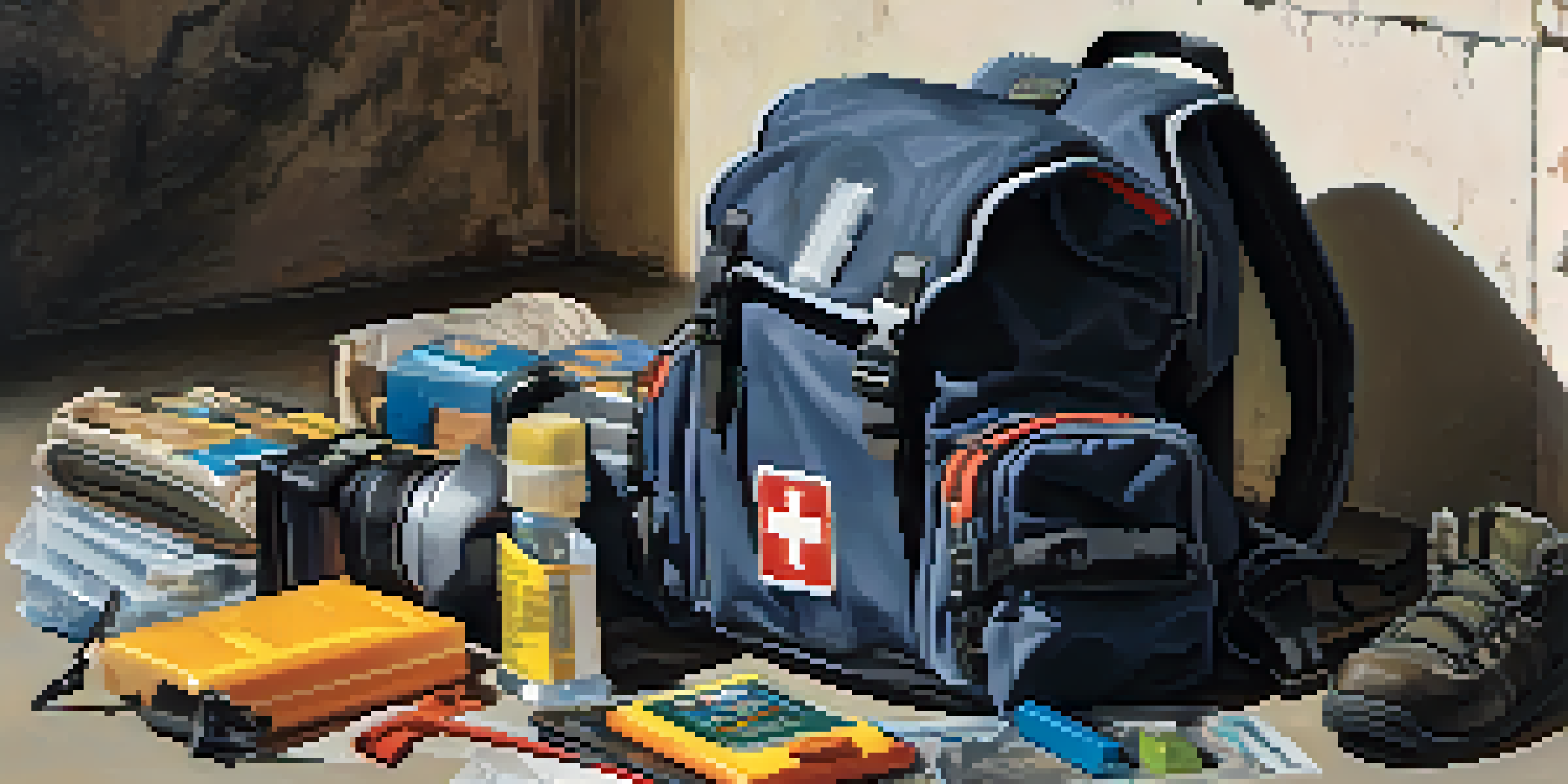 An organized backpack with safety gear in front of an abandoned building, illuminated by sunlight.