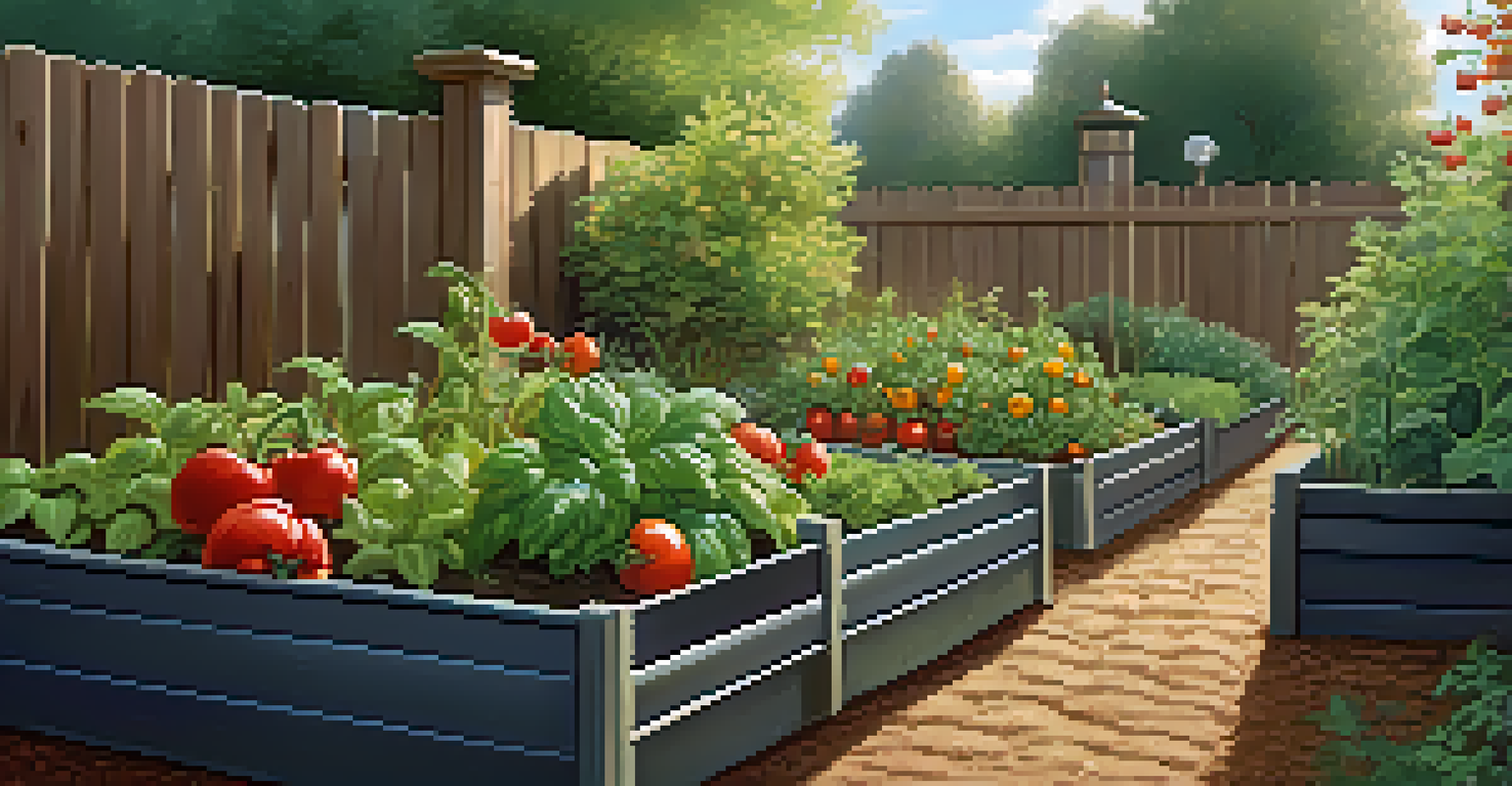 A neatly arranged small edible garden featuring tomatoes, basil, and peppers in raised beds, surrounded by a wooden fence and illuminated by sunlight.