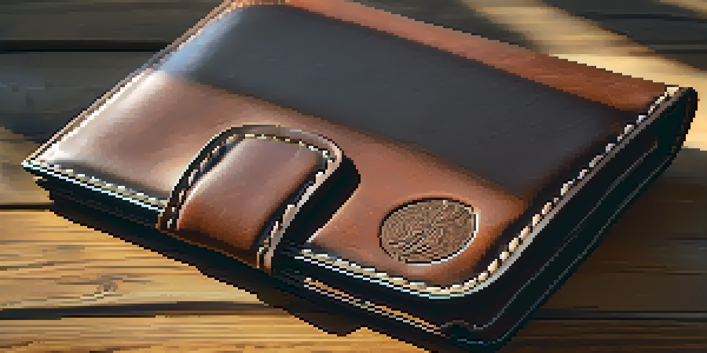 A close-up of a stitched leather wallet on a wooden table, highlighting its texture and stitching.