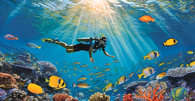 An underwater view of a colorful coral reef with various tropical fish and a diver taking photographs.