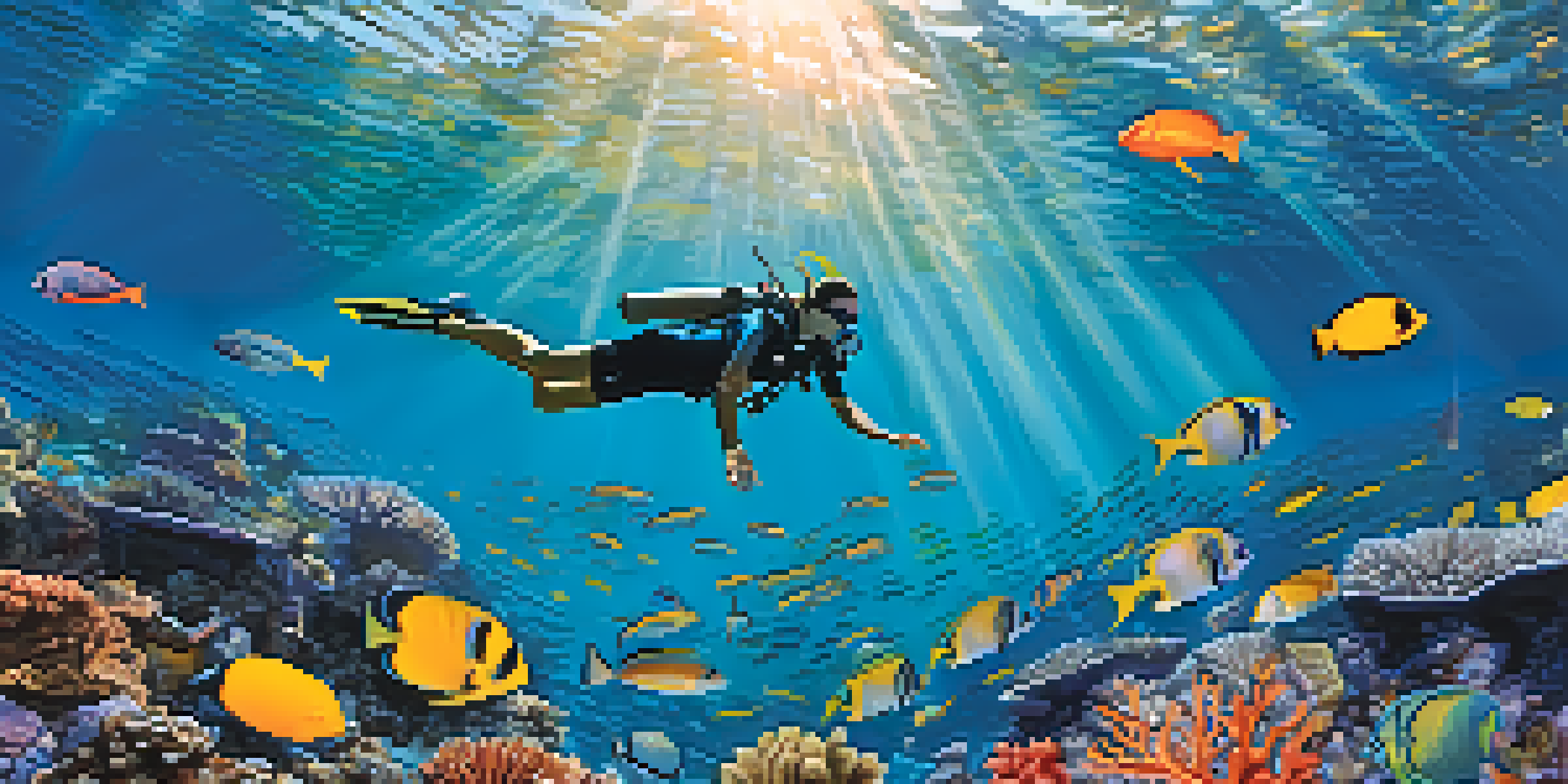 An underwater view of a colorful coral reef with various tropical fish and a diver taking photographs.
