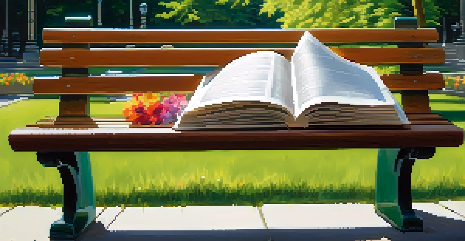 An open book on a sunlit park bench surrounded by trees and flowers, depicting a peaceful outdoor reading experience.