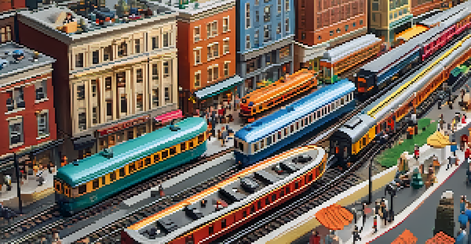 An aerial view of a vibrant model train city with multiple trains and detailed buildings.