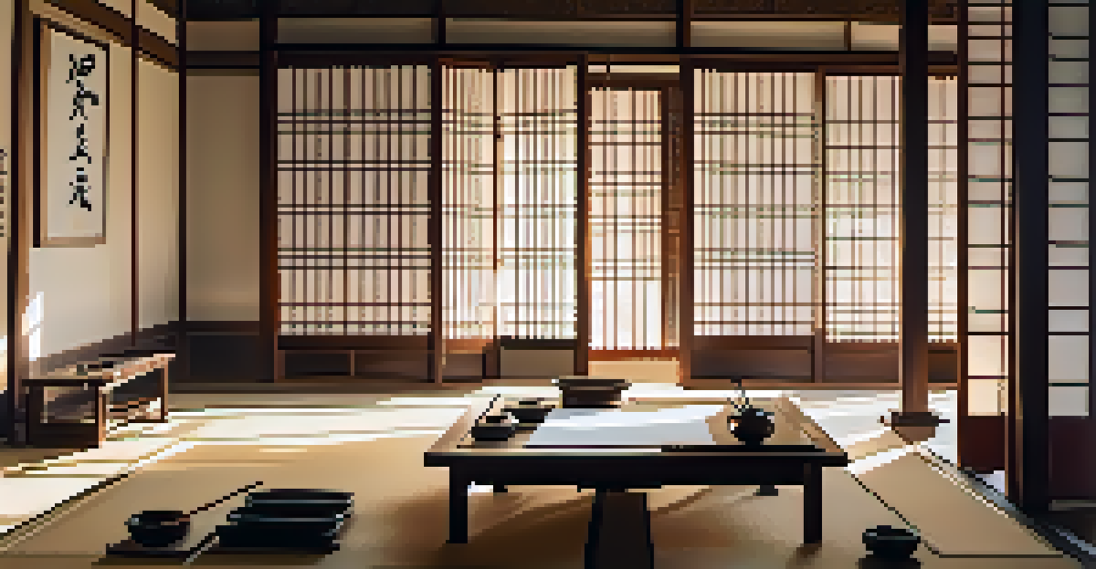 A peaceful East Asian calligraphy studio with ink brushes and rice paper, illuminated by soft sunlight.
