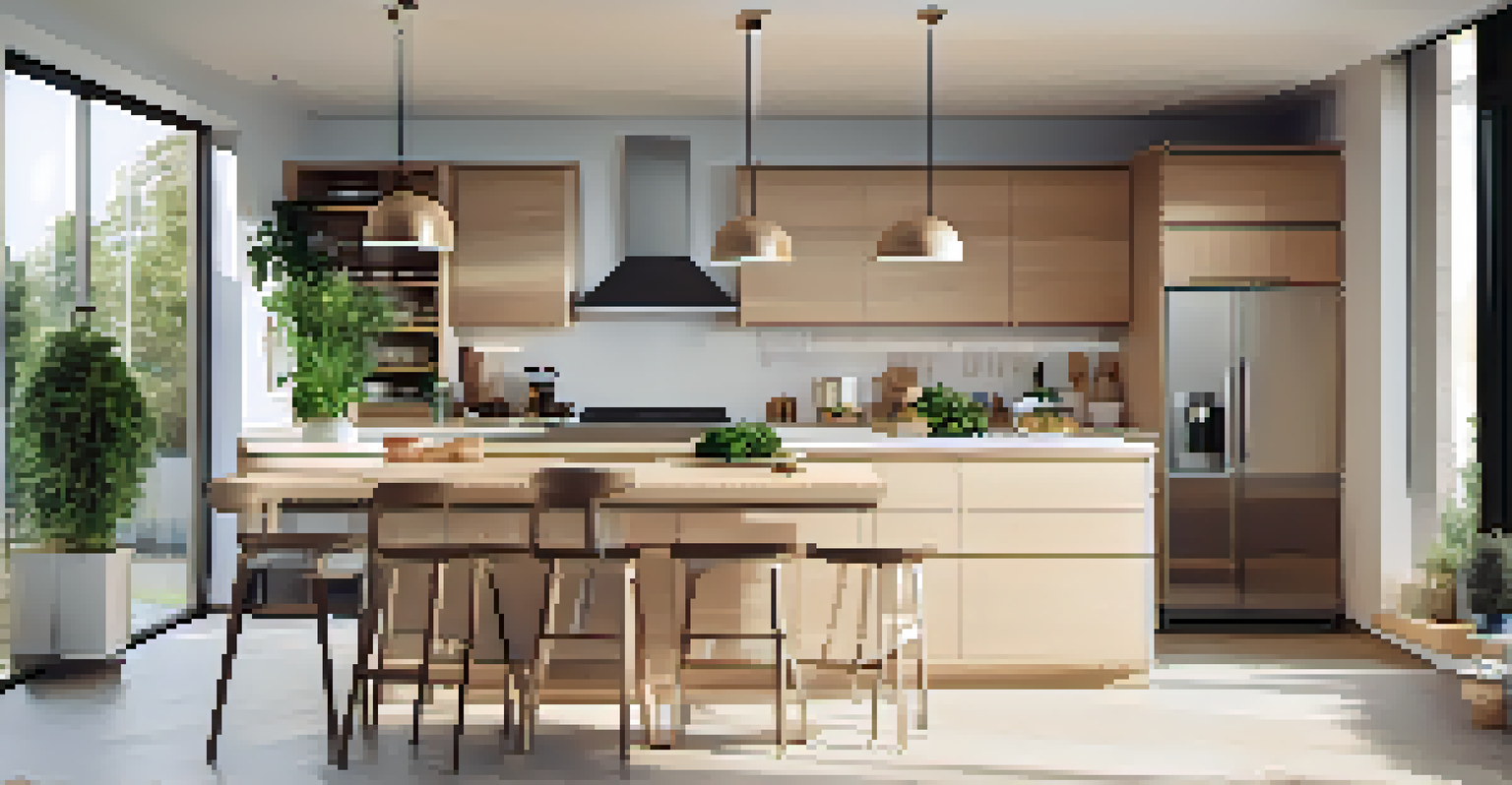 A modern kitchen with minimalist wood cabinetry and stainless steel appliances, featuring a large island.