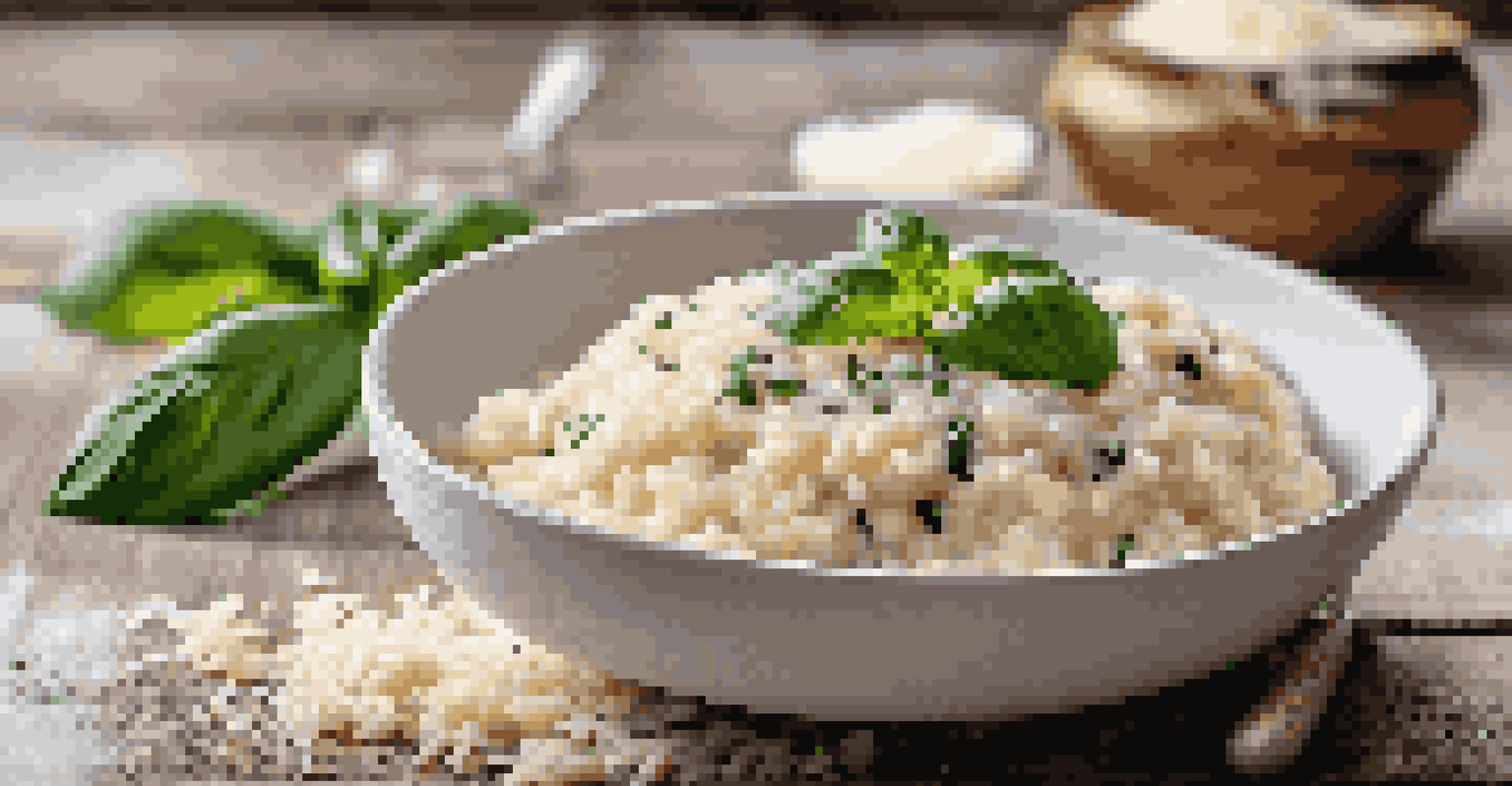 A close-up of creamy risotto with basil and parmesan in a white bowl on a wooden table.