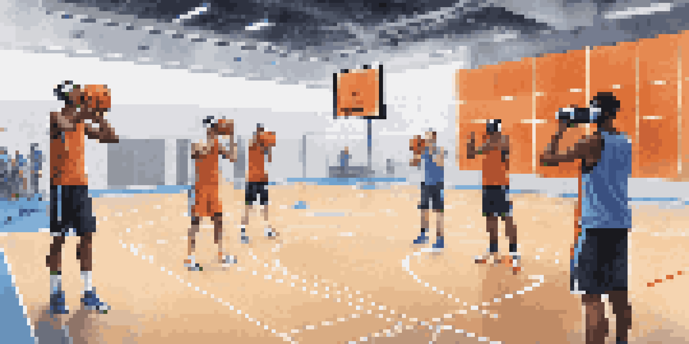Basketball players engaged in a virtual reality training session, practicing shooting techniques with digital targets in a modern gym.
