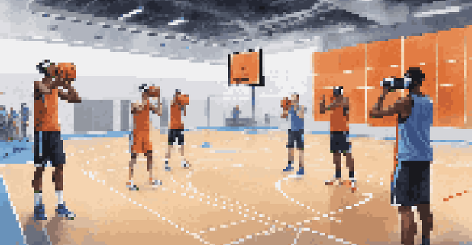 Basketball players engaged in a virtual reality training session, practicing shooting techniques with digital targets in a modern gym.