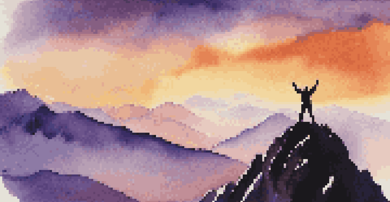 A climber silhouetted at the summit of a mountain during sunset, with arms outstretched against a colorful sky.