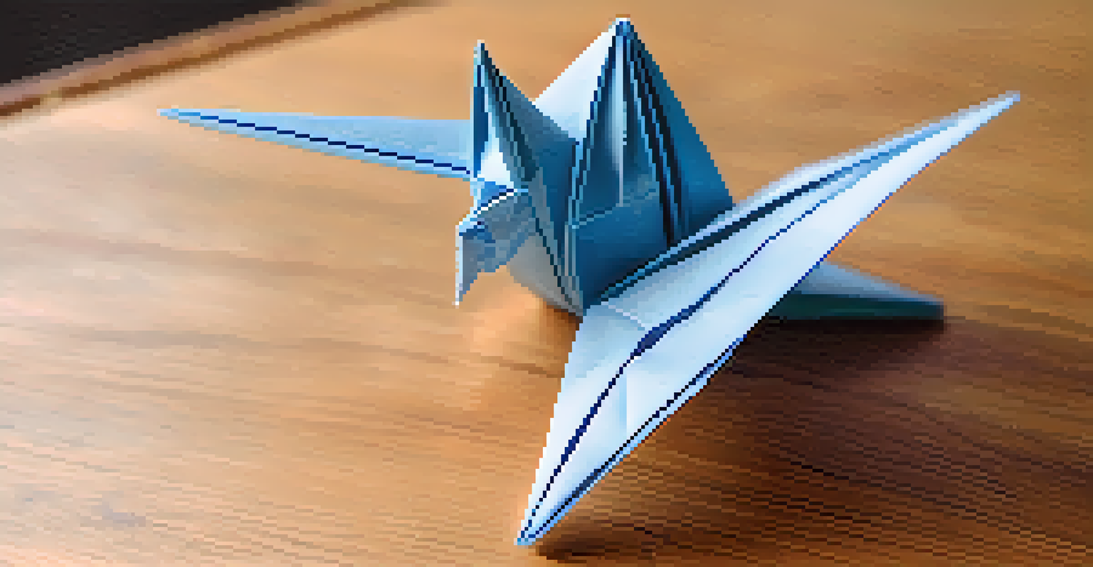 A close-up of a 3D printed origami sculpture made from biodegradable material, highlighting its intricate folds on a wooden table.