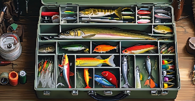 An open fishing tackle box displaying organized lures, hooks, and weights on a wooden table with fishing rods and reels nearby.