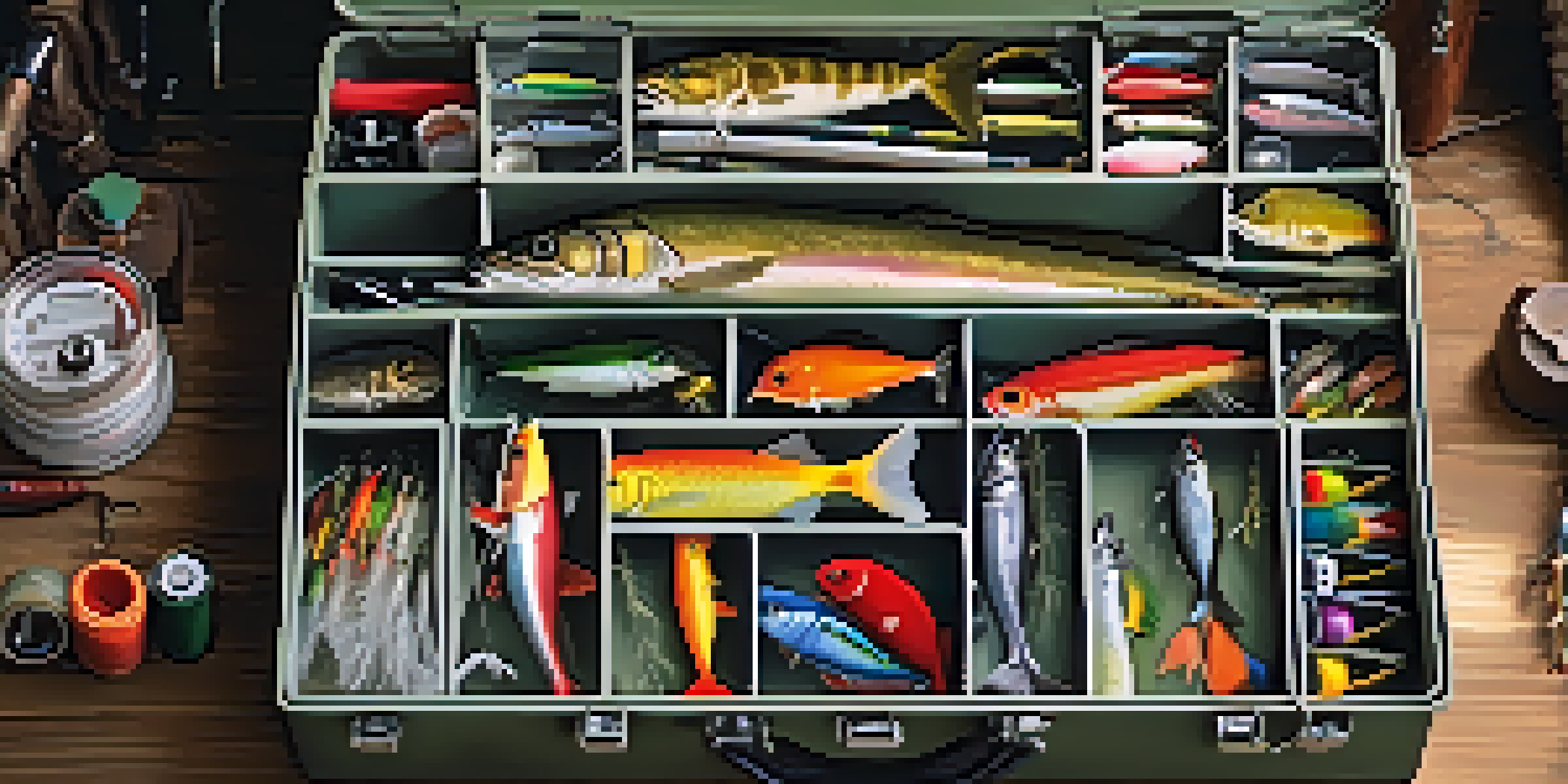 An open fishing tackle box displaying organized lures, hooks, and weights on a wooden table with fishing rods and reels nearby.