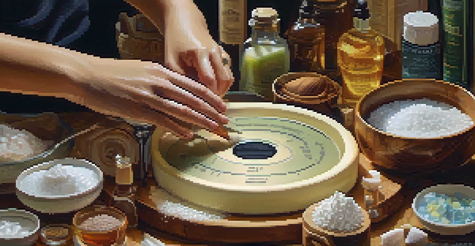Hands measuring lye with a digital scale, showcasing quality soap-making ingredients.
