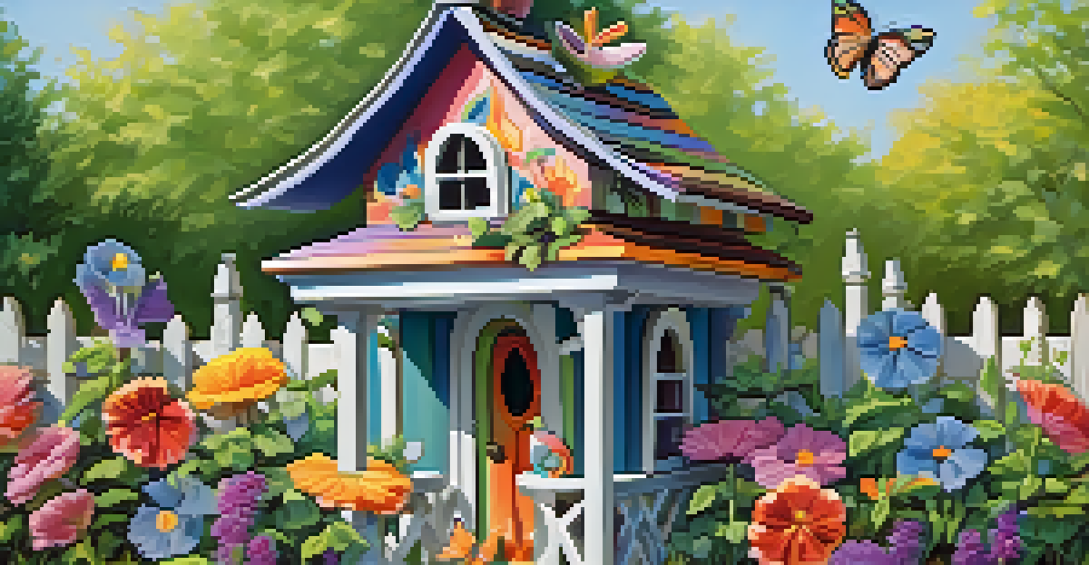 A whimsical, brightly painted birdhouse in a flower-filled garden, with butterflies flying around in a sunny atmosphere.