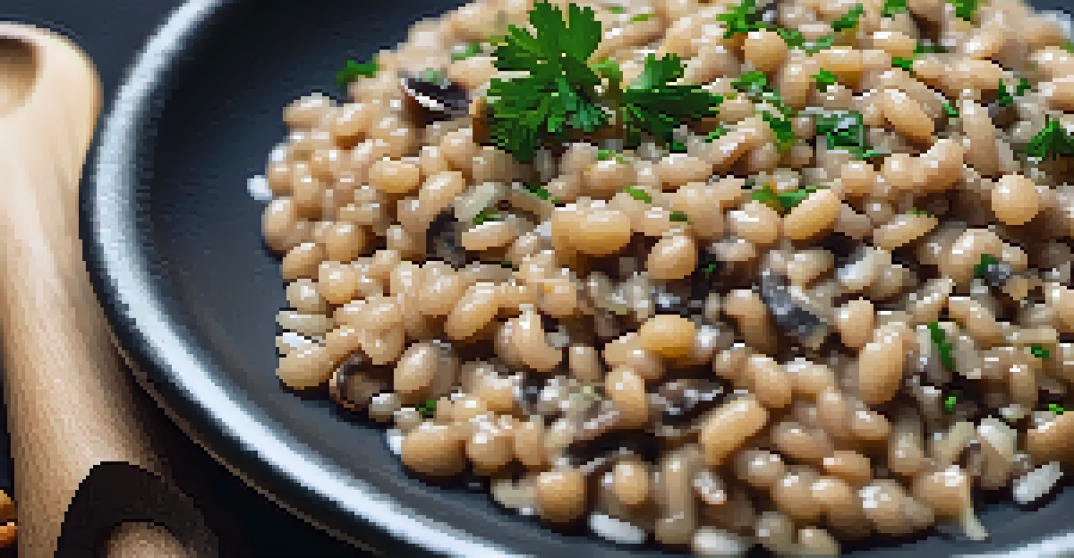 A close-up of creamy farro risotto with mushrooms and parsley in a bowl, on a dark slate surface with a wooden spoon.