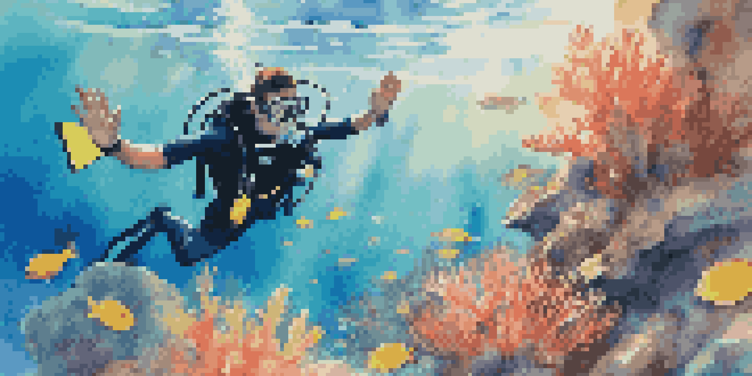 An underwater scene depicting two divers communicating with hand signals amidst vibrant coral reefs and colorful fish, with sunlight filtering through the water.
