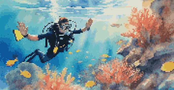 An underwater scene depicting two divers communicating with hand signals amidst vibrant coral reefs and colorful fish, with sunlight filtering through the water.