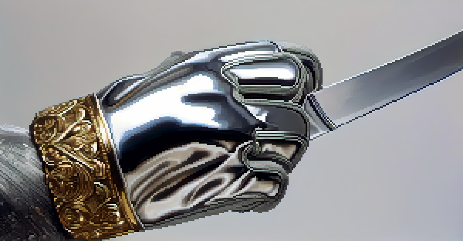 A close-up of a fencer's gloved hand gripping a foil, highlighting the details of the glove and blade with a blurred background.