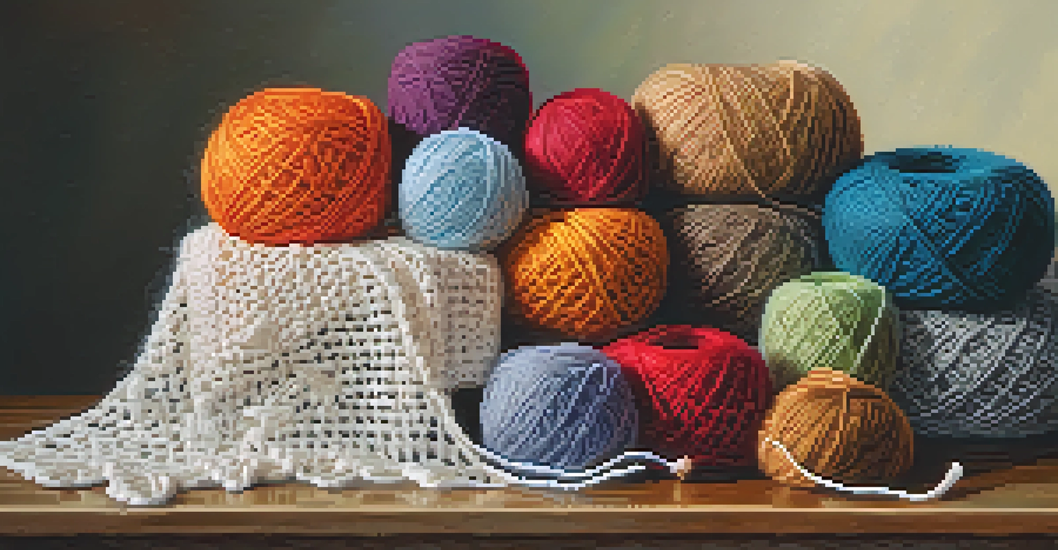 An array of colorful yarns on a wooden table with a crocheted lace doily in the foreground.
