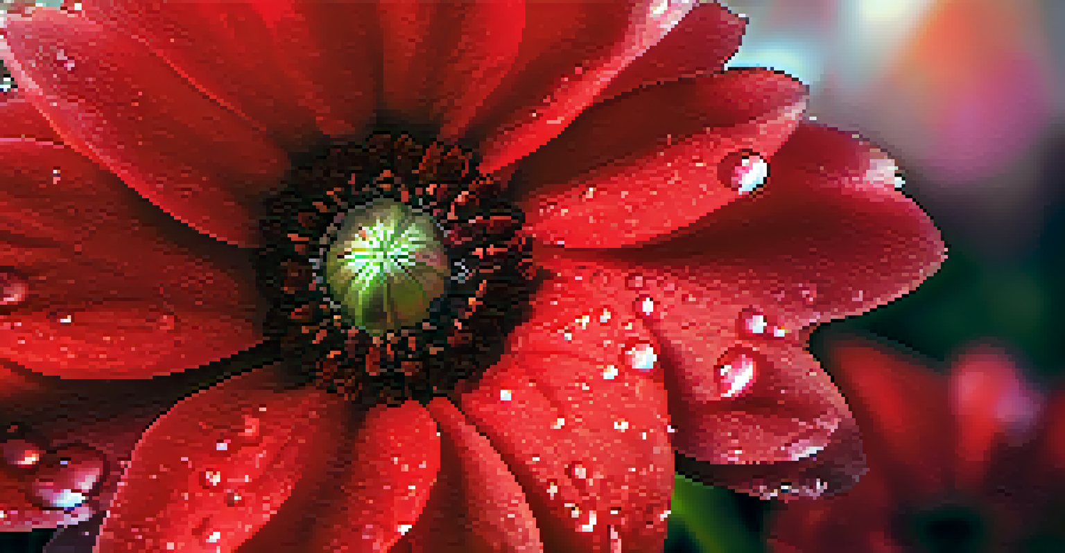 A close-up of a red flower with dew drops, highlighting its textures and vibrant color against a blurred background.