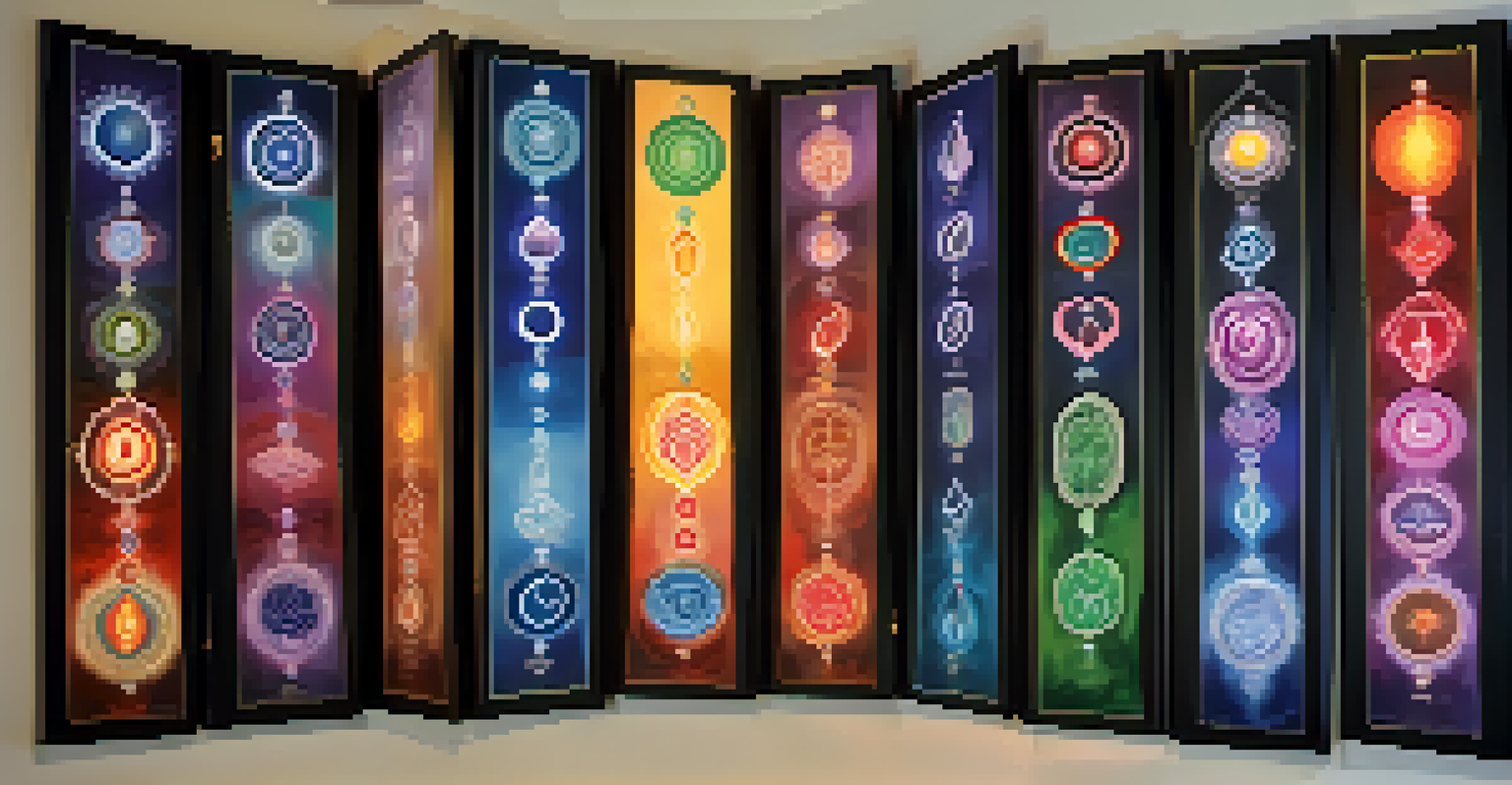An illustration of the seven chakras represented by colors and symbols along a human silhouette in a starry background.
