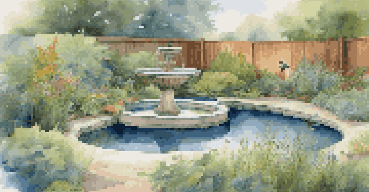 A peaceful backyard with a small pond and birdbath, attracting birds and insects amidst native plants.