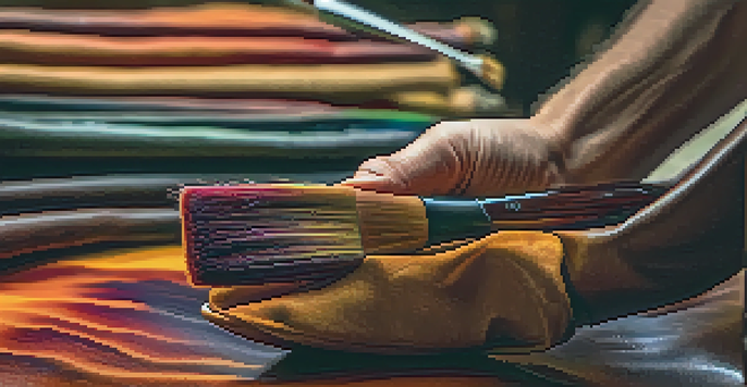A craftsman applying liquid dye to vegetable-tanned leather, showcasing the texture and vibrant colors.