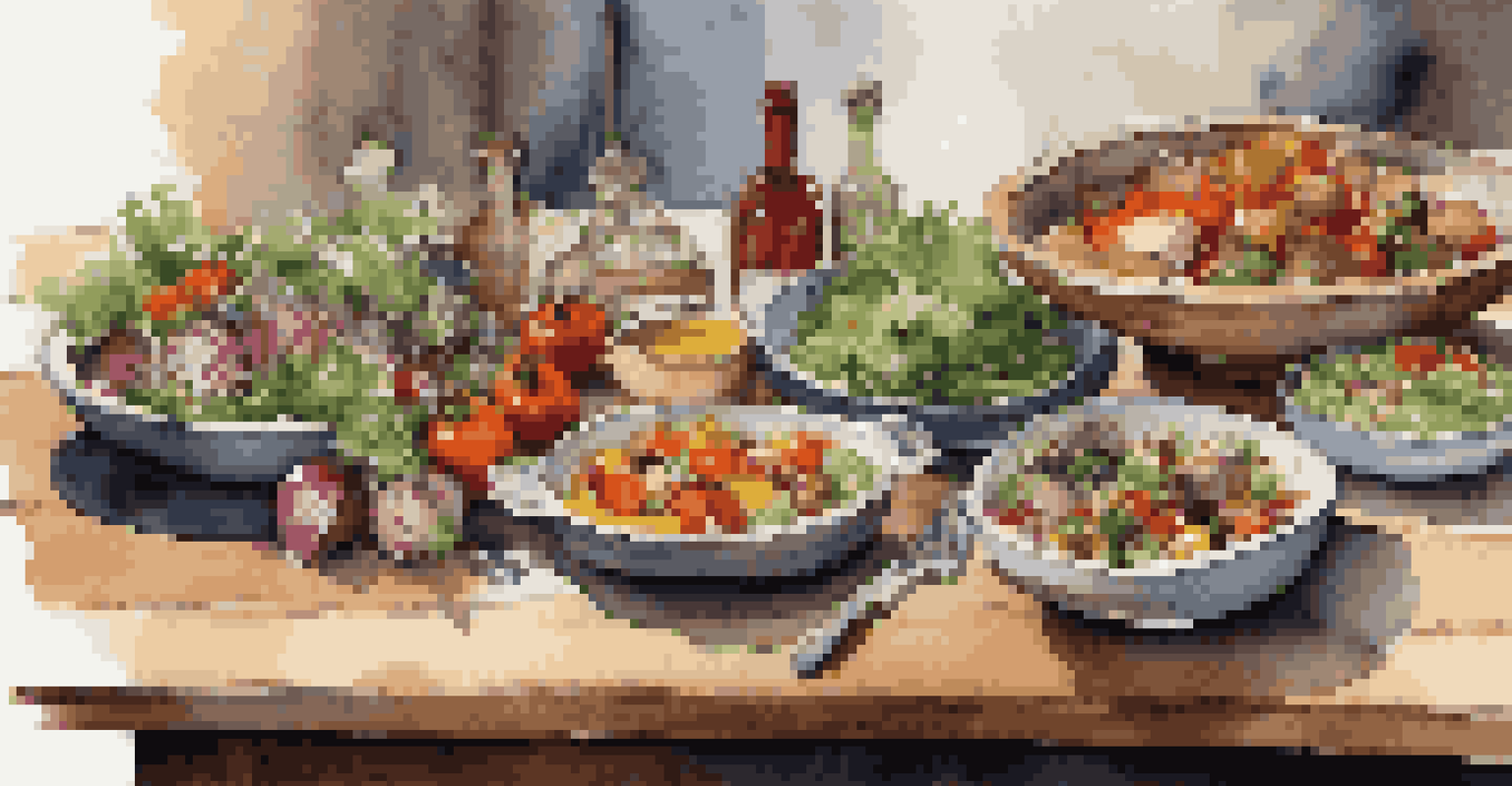 A rustic wooden board with Mediterranean dishes, colorful salads, and herbs, beautifully arranged on a dining table.